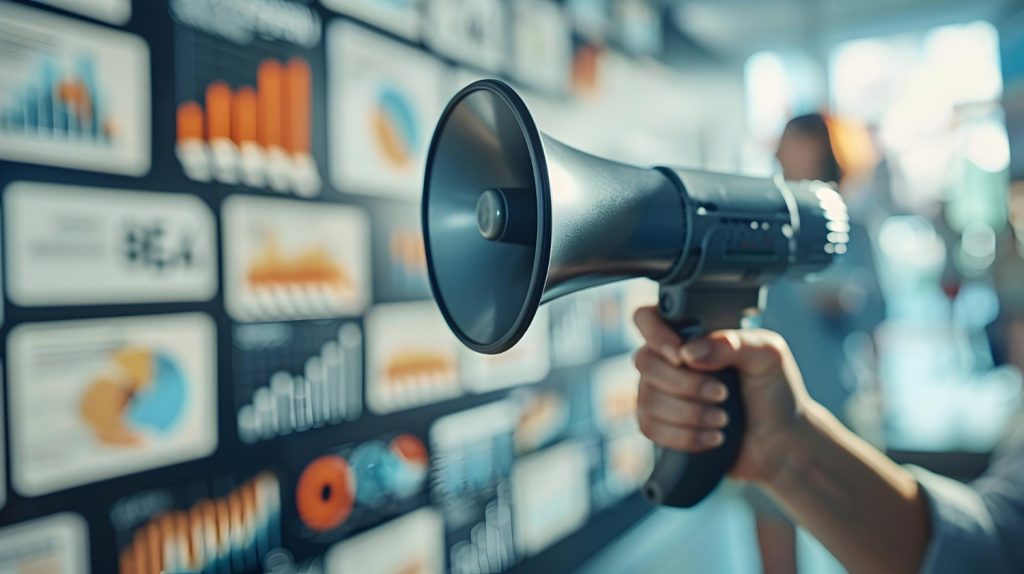 Hand holding a megaphone in front of a wall of digital screens