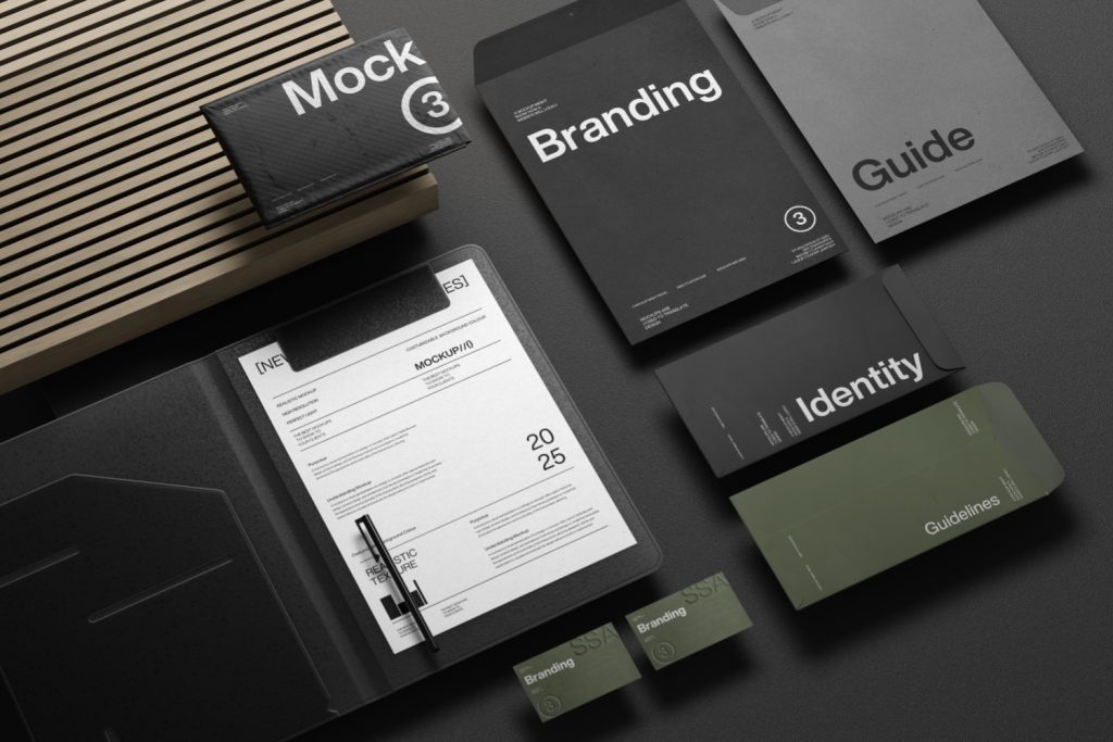 Branding mockups: notebook, business cards and brand guidelines