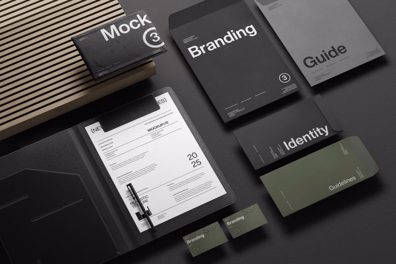 Branding mockups: notebook, business cards and brand guidelines