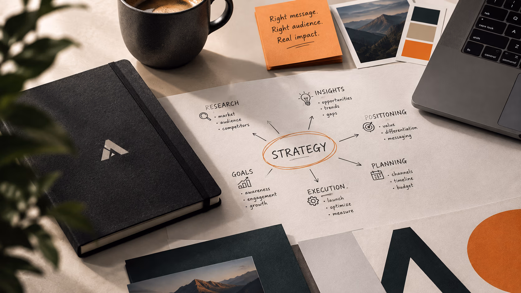 Strategy planning notes, a notebook and color swatches on a desk