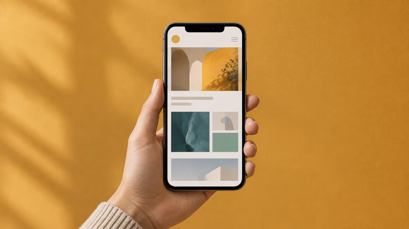 Hand holding a phone with a mobile website design on a yellow background