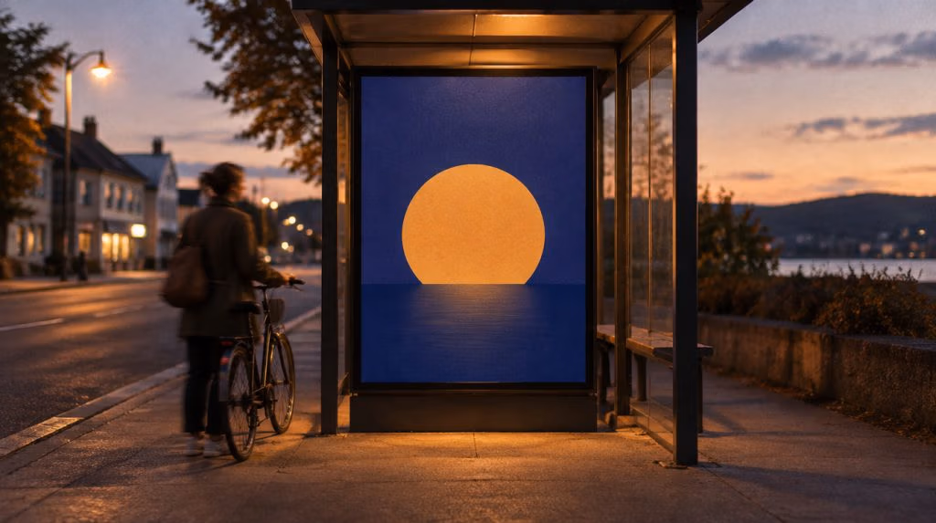 Bus shelter poster at sunset from the Bayline Credit Union campaign