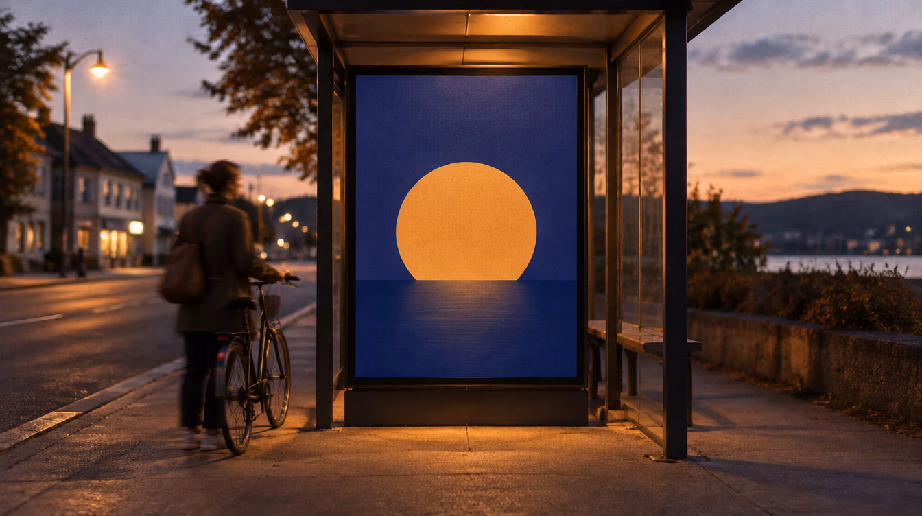 Bus shelter poster at sunset from the Bayline Credit Union campaign