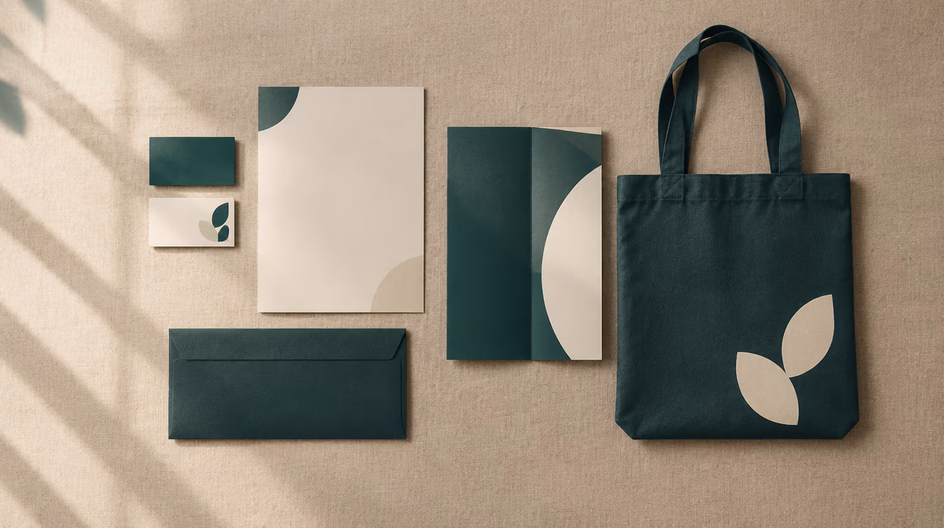 Brand identity stationery, cards and a tote bag laid out on a table