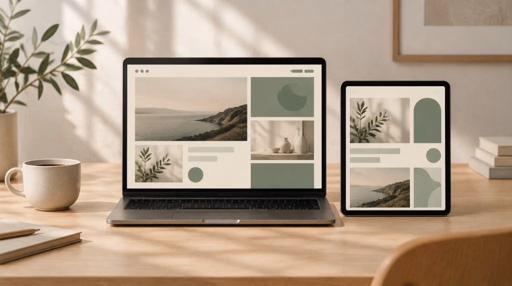 Laptop and tablet showing a website design on a wooden desk