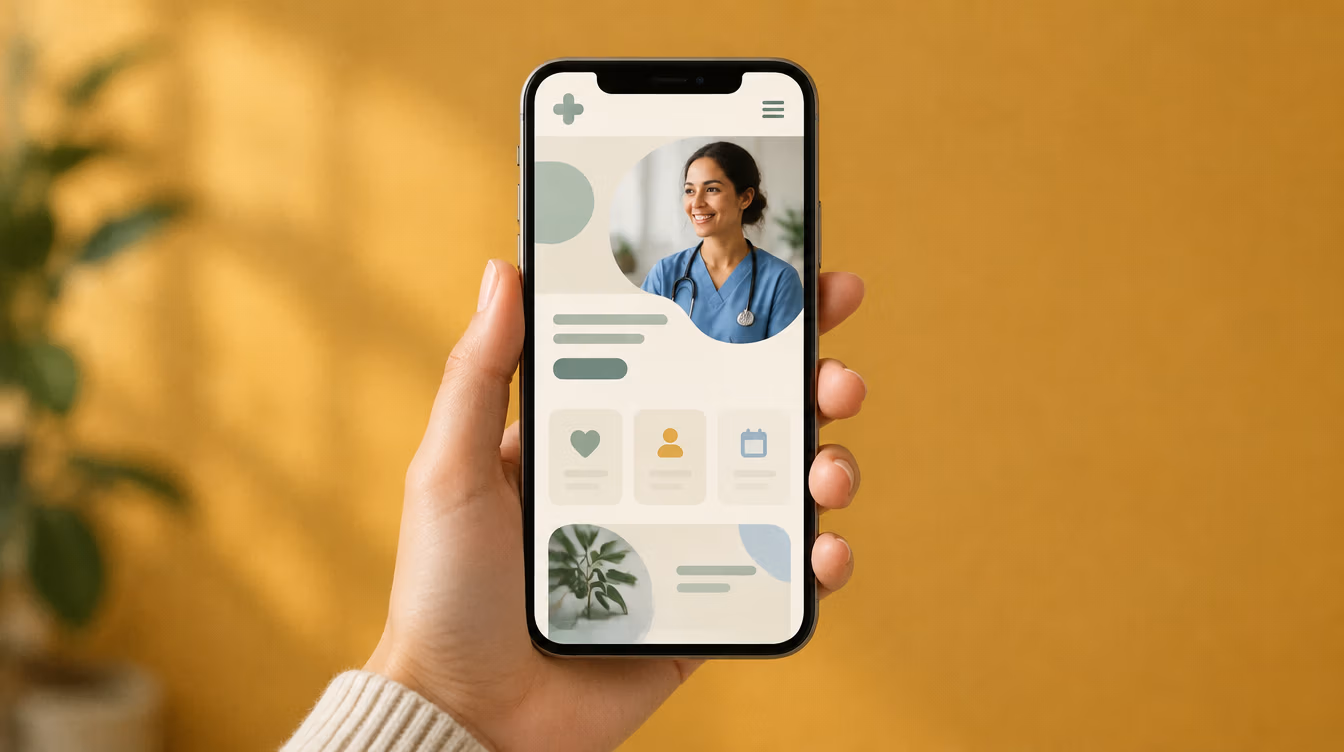 Hand holding a phone showing the Harborview Health Partners website