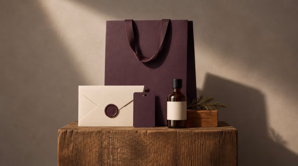 Dark gift bag, cards and branded packaging for Salt & Cedar Inn