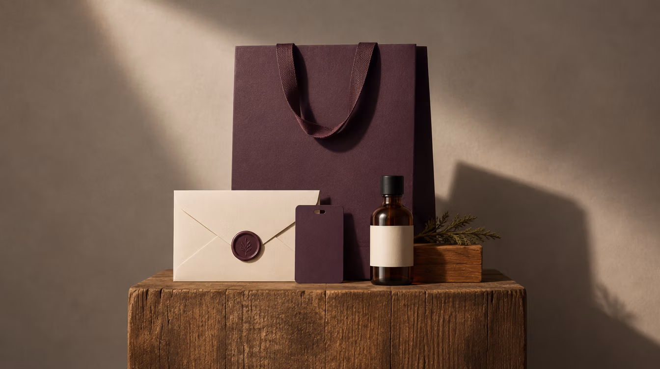 Dark gift bag, cards and branded packaging for Salt & Cedar Inn