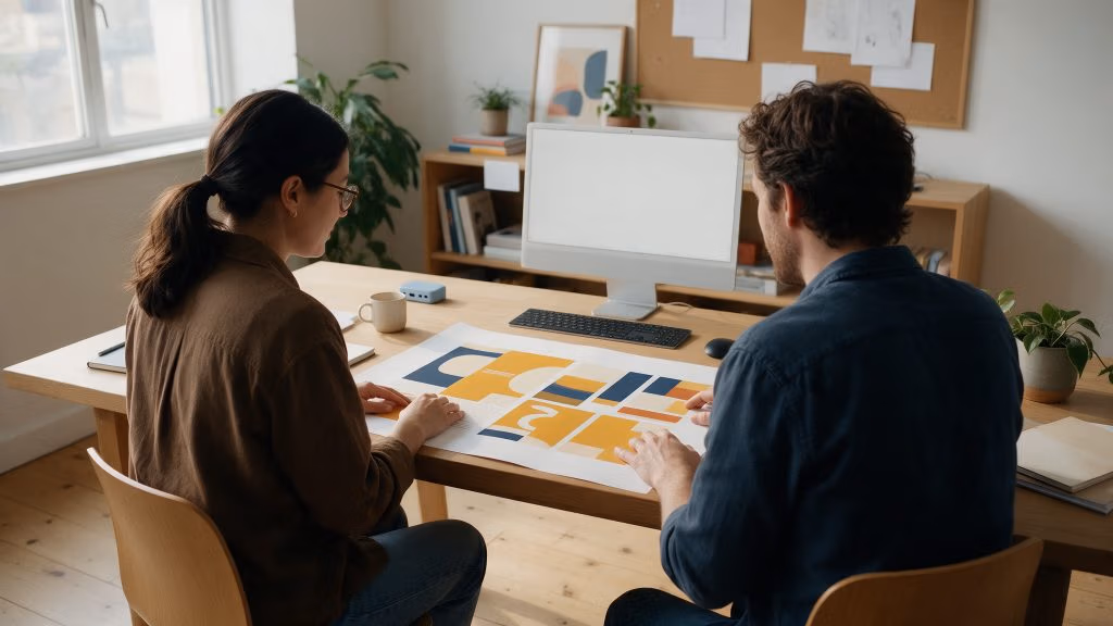 Two people working through campaign concepts at a shared desk