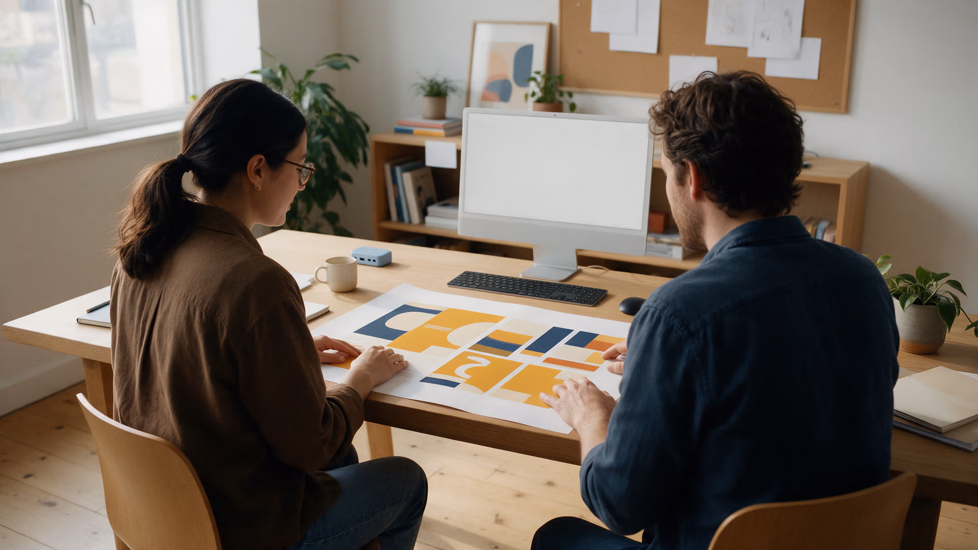 Two people working through campaign concepts at a shared desk