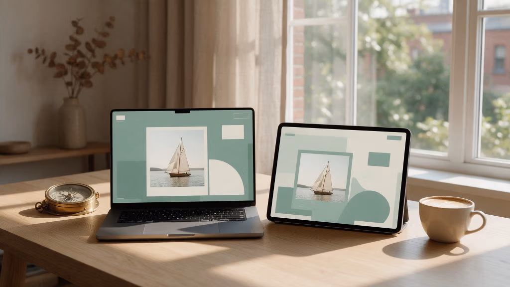 Laptop and tablet showing the Calvert Maritime Museum website on a sunny desk